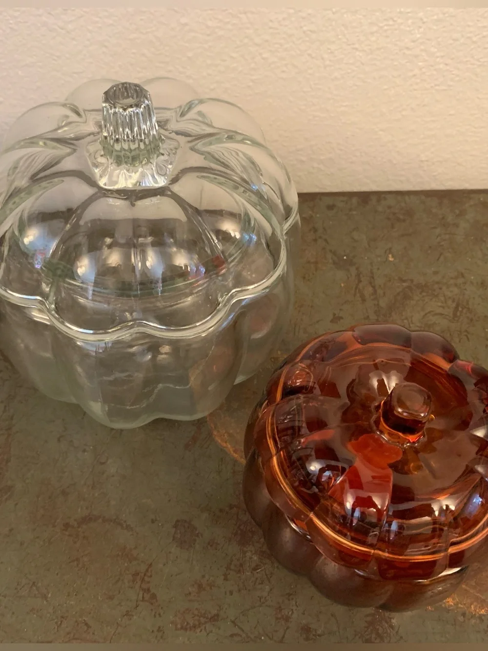 2 Glass Pumpkin Jars with Lids - Clear and Amber